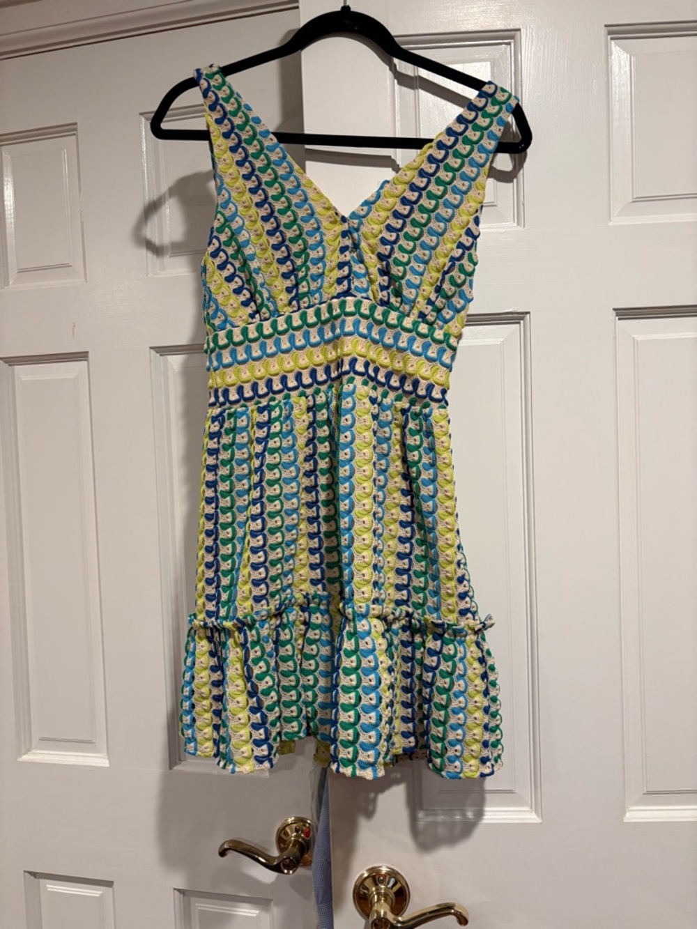 Ramy Brook V-Neck Mini Dress in Blue, Green, Yellow XS